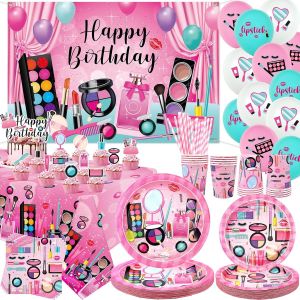 Letnerny-Décoration De Fête D'anniversaire Spa, Fournitures De Fête De Maquillage, Assiettes, Tasses, Serviettes, Nappe, Toile De Fond « Happy Birthday », Ballons De Décoration De Gâteau Pour Filles - Neuf