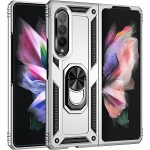 Kal-Coque Pour Samsung Galaxy Z Fold3 5g, Silicone Souple Et Pc Dur Armor Protection Résistante, Anti-Choc, Anti-Rayure, Etui Housse Avec Support Kickstand,Argent - Neuf