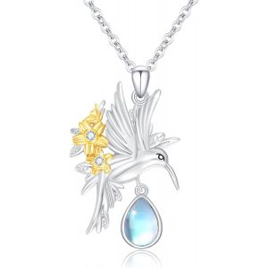 Colliers Colibri Pour Femme En Argent Sterling 925 - Pendentif Colibri En Pierre De Lune - Collier Marguerite - Bijoux Cadeau Pour Filles Et Femmes,Argent Sterling - Neuf