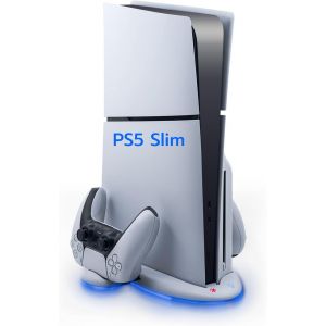 Eryi-Ps5 Slim Ventilateur Station De Refroidissement, Support De Charge Vertical Avec Chargeur Double Manette Avec Vitesse De Ventilation Réglable Sur 3 Niveaux, Lumières Rgb(Pas Pour Ps5/Ps5 Pro) - Neuf