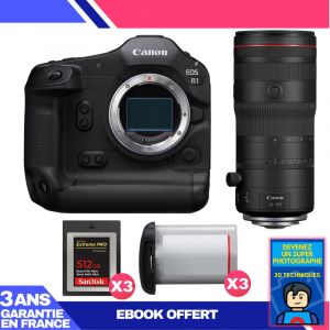 Boitier Canon EOS R1 + RF 24-105mm f/2.8 L IS USM Z + 3 SanDisk 512GB Extreme PRO CFexpress Type B + 3 Canon LP-E19 + Ebook 'Devenez Un Super Photographe - Neuf
