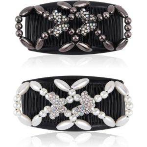 2 Peigne &Agrave; Cheveux Magique Perl&eacute; &Agrave; Cheveux &Eacute;lastiques Magiques Peignes De Cheveux Extensible Double Clips Magic Hair Comb Pour Accessoire Cheveux Femmes Filles(Papillon, Libellule) - Neuf