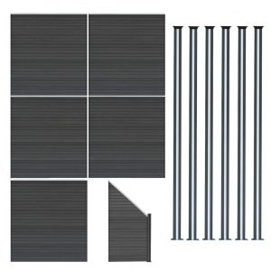 Kit Cl&ocirc;ture Panneaux En Bois Composite Gris 5 Quadratique Et 1 Inclin&eacute; 185 H X 965 Cm L & 6 Poteaux En Aluminium &Agrave; Led Solaires Lames &Agrave; Embo&icirc;ter Texture Bois Reversible Pvc Brise-Vue Ext&eacute;rieur Jardin - Neuf