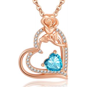 Collier Femme Argent 925 Collier Or Rose Coeur Fleur Pierre De Naissance Pendentif Bijoux Femme Idee Cadeau Anniversaire Fete Des Meres Noel Saint Valentin Cadeau Maman Fille Amie - Neuf