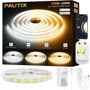 Ruban Led Cob Cct Blanc R&eacute;glable 5m, Cri90+ 3200 Led &Agrave; Intensit&eacute; Variable 2700k-6500k 24v Kit De Bandes Lumineuses Led, Fonctionne Avec Alexa/Google Assistant, Pour Armoire Chambre Cuisine Diy - Neuf
