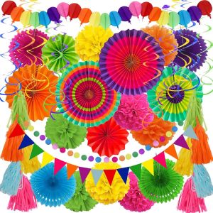 MEVRONISSHOP-ZERODECO D&eacute;corations pour f&ecirc;tes, 41 pcs Eventails Papa multicolores Guirlande de pompons String Papier Tissu Tissu Mexicain Cinco De Mayo Coco Carnaval F&ecirc;te d'anniversaire - Neuf