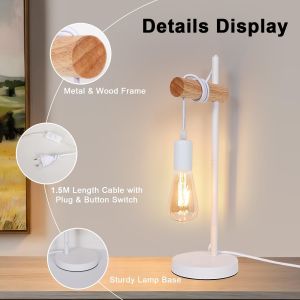 TRAHOO-Lampe de Table E27 Industrielle, Lampe de Chevet Métal Blanc,Veilleuse Bois Vintage avec Interrupteur 1.5M, Base de Veilleuse pour Chambre, Salon, Bureau, Bar(Sans Ampoule) - Neuf