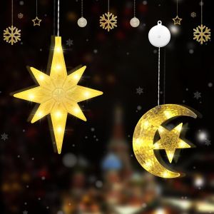 Kal-Led Lumières De Ventouse De Noël, Led Étoile Décorative De Noël, Lumière De Noël Étoiles, Fenêtre Décorative De Noël Pour Intérieur Maison Fête Led Guirlande (Moon And Stars) - Neuf