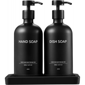 ERYI-2 Pièces 500Ml Distributeur Savon Verre, Distributeur Liquide Vaisselle, Réutilisable Flacon Salle De Bain Avec Tête De Pompe, Avec Bac En Céramique (Bouteille Noire + Tête Noire) - Neuf