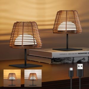 Lot De 2 Lampes De Table À Intensité Variable Sans Fil - Rotin En Bambou Et Bois - Lampe De Table Led Moderne Avec Fonction De Charge Usb - Lampe De Table Led Sans Fil Rechargeable - Lampe De - Neuf