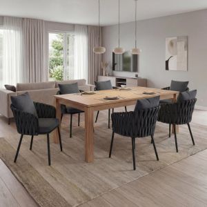 Lot de 6 chaises de salle &agrave; manger en aluminium HWC-P89, chaise d'int&eacute;rieur avec accoudoirs, tissu/textile (180 g/m&sup2;) tressage en cordeanthracite - Neuf