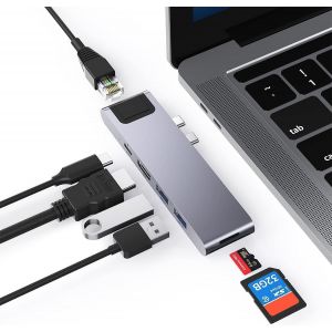 Adaptateur Macbook Pro/Air, Adaptateur Mac 7 en 2 avec MacBook Air/Pro 2022-2018, Dock MacBook vers 4K HDMI, USB-C 100W et Thunderbolt 3, SD/TF Lecteur de Carte, 2 USB 3.0, Hub USB C pour MacBook - Neuf