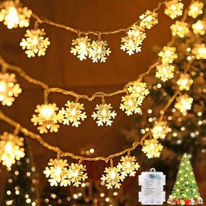 Trahoo-Guirlande Lumineuse Flocon De Neige, 6m 40 Led &Agrave; Piles &iquest; 8 Modes D&iquest;&Eacute;clairage Avec M&eacute;moire &iquest; Guirlande De No&euml;l Int&eacute;rieur Ext&eacute;rieur Pour Sapin, Chambre, Jardin, Mariage, F&ecirc;te, Chambre D'enfant - Neuf