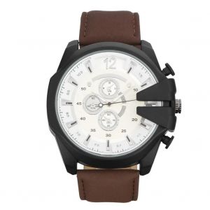 Cay Fashionable Men M&acirc;le Analogique Quartz Watch Pu Band Montre-Bracelet Ronde (Cadran Blanc Coffee Band) - Neuf
