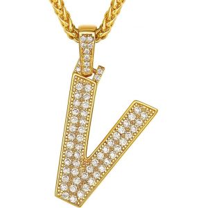 Trahoo-Collier Lettre V, Pendentif Initiale Prénom Plaqué Or Lettre V,Bling Brillant Hip Hop Bijoux Alphabet Pendentif En Strass Avec Chaîne Or Réglable 55+5 Cm Pour Homme Femme - Neuf