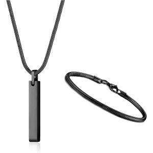 Men's Stainless Steel Bar Pendant Necklace And Bracelets For Men Women Snake Chain Necklace 3mm And Snake Chain Bracelet Set Length 55cm Silver/Black - Neuf