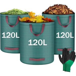 CHECARZHN--NO1-3X120Lsacs De Jardin, Sacs À Déchets De Jardin, Sacs De Déchets Jardin Résistants, Sac Déchet En Pp Robuste Avec Poignées, Pliables Et Réutilisables(Gants De Jardinage) - Neuf