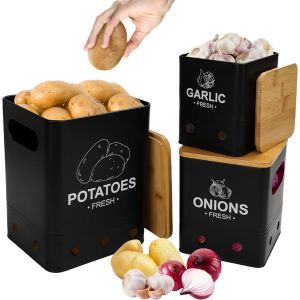 Mevronisshop-Lot De 3 Boite Pomme De Terre, Rangement Pomme De Terre Oignons Ail Avec Couvercle En Bambou, Bo&icirc;te De Conservation Pomme De Terre Oignons Ail Echalotte, Boite Rangement Cuisine, Noir - Neuf