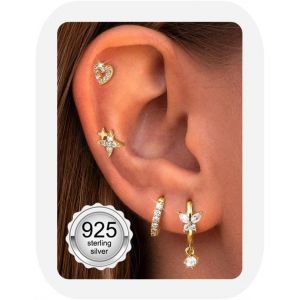 4 Paires Boucles D'oreilles Femme Argent 925 Plaquée Or 14k Créoles Argent Boucles D'oreilles Zircon Piercing Oreille Cartilage Boucles D'oreilles Femme Or Pour Piercings Multiples.[X1650] - Neuf