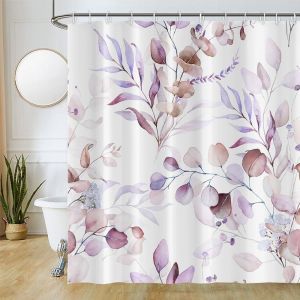 KAL-Rideau Douche Anti Moisissure, Rideau De Douche 180X240Cm Violet Feuilles D'Eucalyptus Lavande Fleuri Rideaux De Baignoire Tissu Lavable Imperméable Rideaux Salle De Bain Avec 12 Crochets - Neuf