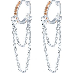 Kal-Petites Boucles D'oreilles Créoles Avec Chaine Argent 925 Boucles D'oreilles Femme Créoles Zircone Cubique Longues Boucles D'oreilles Pendantes - Neuf