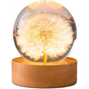 meimie-Veilleuse En Forme De Pissenlit En Cristal : Boule En Verre De 6 Cm Avec Base En Bois Led, Fleurs Boule De Verre Lampe De Nuit Décorations Usb Socle En Bois Avec Interrupteur, Lampe Boule En - Neuf