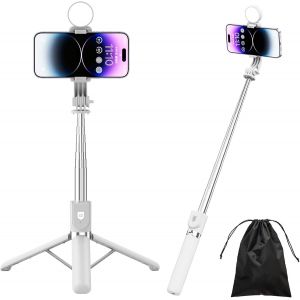 CAI-Perche Selfie Avec Lumière,4 En 1 Perche Selfie Trépied Renforcé Et Stable Tige Télescopique,130Cm Selfie Stick Trépied Compatible Avec Iphone,Android,Gopro,Camera,Blanc - Neuf