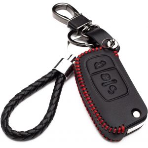 Housse en Cuir pour Clé Ford 3 Boutons avec Porte-Clés Fiesta Focus Galaxy Fusion S-Max Kuga Ecosport Étui de Protection Cover Coque pour Télécommande Voiture (Couture Rouge) - Neuf