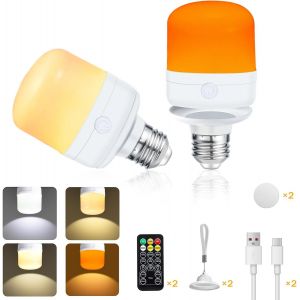 Lot De 2 Ampoules Rechargeables Avec Télécommande, 7 W, Ampoules Rechargeables Par Usb, Ampoule E27 Avec Batterie 4 Températures De Couleur, Intensité Variable, Minuterie Pour - Neuf