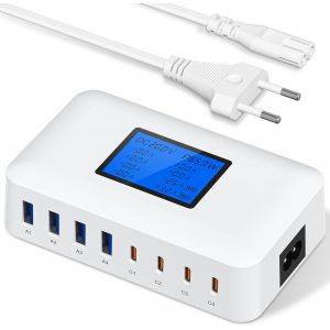 CLOUDDS-200W Chargeur Usb C Multiple,8 Ports Usb C Chargeur Rapide Pd 65W,Station De Charge Usb Avec Écran Lcd,Adaptateur De Charge Pour Macbook,Ipad,Iphone 16/15/14/13 Pro/Max Samsung S24/S23-Blanc - Neuf