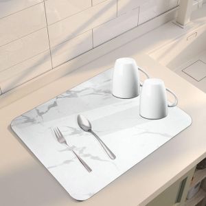 Eryi-Tapis Absorbant Vaisselle, 60x40cm Tapis Séchage Vaisselle Super Absorbant Tapis Auto Sechant Antidérapant Tapis Machine À Café Sechage De Travail Cuisine Comptoir Pour Café Bar (Marbre Blanc) - Neuf