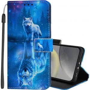 JGD-Coque pour Samsung Galaxy A16 5G Color&eacute; Motif Etui Portefeuille Protection Housse en PU Cuir &agrave; Rabat Flip Case Antichoc Cover avec Porte Carte Coque pour Galaxy A16 4G - Loup Bleu - Neuf