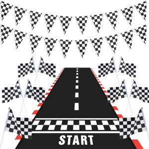 Kalanka-6,6 X 2 Feet Long Tapis De Course Piste De Course, 6,6 Feet Bannière De Fanion De Course À Carreaux, 10 Pièces Drapeaux De Course Noirs Et Blancs À Carreaux Avec Bâtons Pour Décor De Fête - Neuf