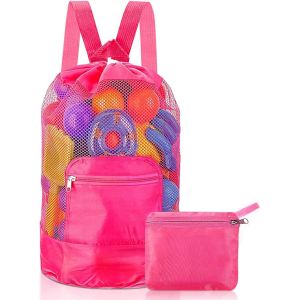 Sac de plage en maille (rouge), grand sac &agrave; dos en nylon pour enfants avec cordon de serrage, pliable, pour jouets et serviettes - Neuf