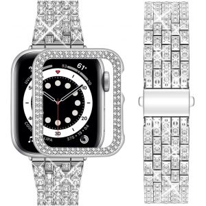 BNHGO-Compatible Bracelet Apple Watch 9 8 7 45mm, Métal Femme Brillant Bracelet de Montre avec Protective Coque, Remplacement de Bracelet avec Strass Diamant pour iWatch Séries 9 8 7, Argent 45mm - Neuf