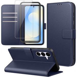 JGD-Coque Portefeuille Compatible avec Samsung Galaxy S25 FE 5G avec 1 Pi&egrave;ce Protection &Eacute;cran en Verre Tremp&eacute; et 1 Pi&egrave;ce Outil D'installation Simple, PU Cuir Housse, Support et &agrave; Rabat Flip - Bleu - Neuf