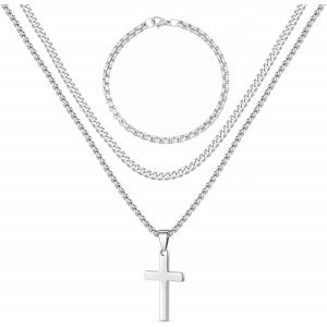 Kal-Collier Croix Homme,Acier Inoxydable Jeu De Bracelet Gourmette,Colliers Superpos&eacute;s,Cha&icirc;ne Cubaine Bo&icirc;te &Agrave; Cha&icirc;nes,Cadeau Pour Homme Papa Petit Ami - Neuf