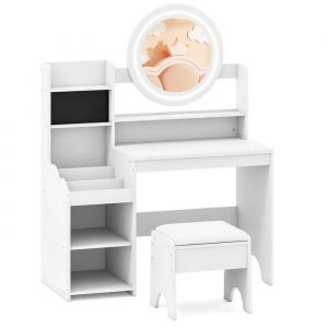 COSTWAY Coiffeuse Enfants avec Tabouret Miroir & Lumi&egrave;res - &Eacute;tag&egrave;res Ouvertes, 84 x 37 x 107 cm Blanc - Neuf