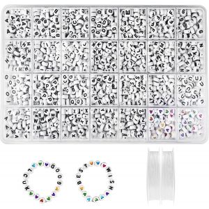 Mevronisshop-1400pcs Perles Lettres Alphabet Et Color&eacute;e 7 X 4 Mm, A-Z Blanc Coeur Beads Avec 2 Fil Elastique, Pour Fabrication De Bijoux, Bracelets, Colliers, Enfants Diy Artisanats - Neuf