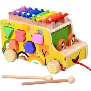 Bebe Enfant Bois Bus Jouet Enfant Jeux Construction Bois Xylophone Bebe 18 Mois Avoir Forme Géométrique 8 Ton Et Marteau En Bois - Neuf