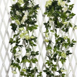 SJZG-2 Pack 13 T&ecirc;tes Double Couleur Artificielle Faux Rose Guirlande Vignes Suspendus Fleurs En Soie Pour D&eacute;coration Murale De Mariage Int&eacute;rieur En Plein Air Badroom (Blanc) - Neuf
