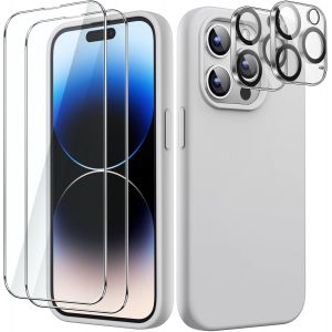 JGD-5 en 1 Coque Silicone pour iPhone 14 Pro 6,1 Pouces, avec 2 Protection D'&eacute;cran et Cam&eacute;ra Arri&egrave;re Protecteur, Film en Verre Tremp&eacute; &agrave; Couverture Compl&egrave;te, Housse &Eacute;tui Antichoc (Argent) - Neuf