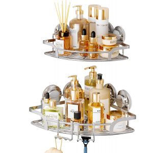 Lot de 2 &eacute;tag&egrave;res de douche sans per&ccedil;age - Avec crochets - En acier inoxydable - Pour cuisine, salle de bain - Neuf