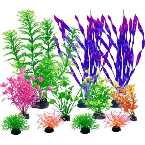 Kalanka-Lot De 11 Accessoires D'aquarium - Plantes Artificielles - Plantes Aquatiques - Mini Étang - Plantes En Plastique - Poisson - Réservoir - Tortue - Décoration D'aquarium - Violet - Vert - Rose - Neuf