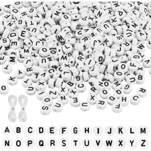 Tianyi-Lot De 1050 Perles Blanches En Forme De Lettres De L'alphabet Rondes De 7 Mm Avec Trou Pour Enfiler Les Bijoux, Bracelets, Colliers, Artisanat Avec 2 Paquets De Cordon En Cristal - Neuf