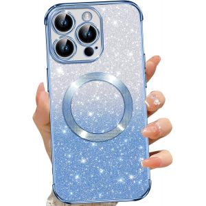 SJZG-Coque Magn&eacute;tique Pour Iphone 13 Pro, Etui &Agrave; Paillettes Compatible Avec Magsafe, Antichoc Charge Sans Fil Housse Pour Iphone 13 Pro, Avec 2 Verre Tremp&eacute;, Bleu - Neuf