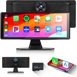 Portable Car Radio Dashcam Wireless Carplay Android Auto,Touch Screen IPS 10.26 Inch Display Carplay Monitor Recording,Bluetooth,Mirrorlink,FM Radio AUX Transmitter+64GB TF - Neuf