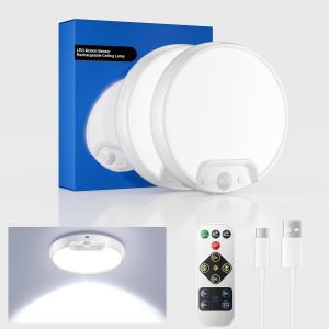 KAL-Lampe De Plafonnier Avec Détecteur De Mouvement, Led Plafond Sans Fil Avec Télécommande, 8000Mah Rechargeable Plafonnier Pour Douche, Salle De Bain, Garage, Escalier, 2 Paquets - Neuf