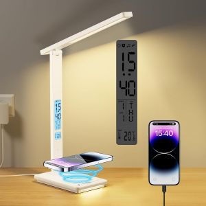 Lampe De Bureau Led Avec Chargeur Sans Fil & Port Usb, Lampe De Table Tactile 5 Couleurs 5 Luminosités Écran Lcd 2 Veilleuses Horloge Réveil Température Lampe De Chevet Pour Travail Lecture - Neuf