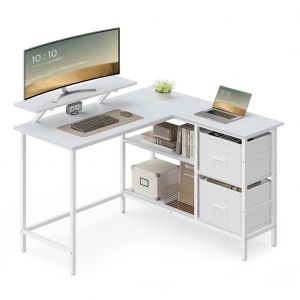 Bureau en forme de L avec 2 tiroirs spacieux bureau gaming avec support pour &eacute;cran bureau d angle bureau d ordinateur avec &eacute;tag&egrave;re r&eacute;glable pour bureau blanc Helloshop26 12_0004620 - Neuf
